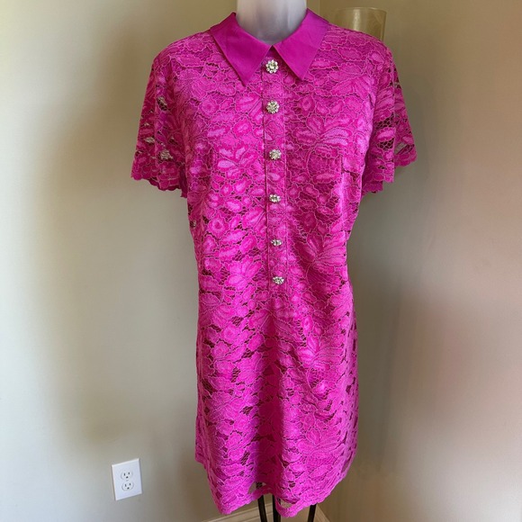 Trina Turk Hani Dress Fuchsia Pink Lace Jeweled Button Collared Shift Size  12 - greenwatershopping.com